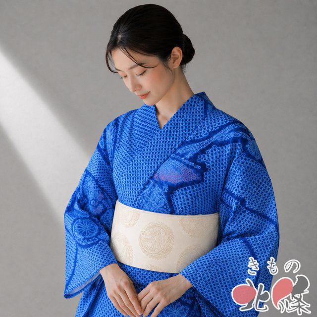 浴衣 夏物 夏着物 着物 中古 鳴海絞 木綿 カジュアル 絞り染め 団扇と蝶模様 薄群青色 紺色 身丈155cm 裄65cm SA きもの北條 A1368-4