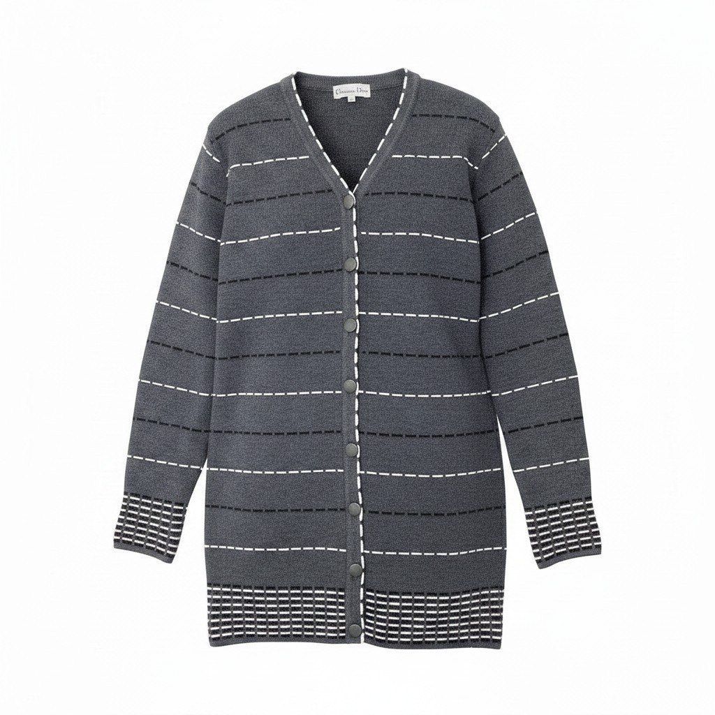 84e29 Christian Dior クリスチャンディオール ロング ニットカーディガン ボーダー KW30N4027 サイズM グレー ウール×レーヨン レディース 女性服o07t