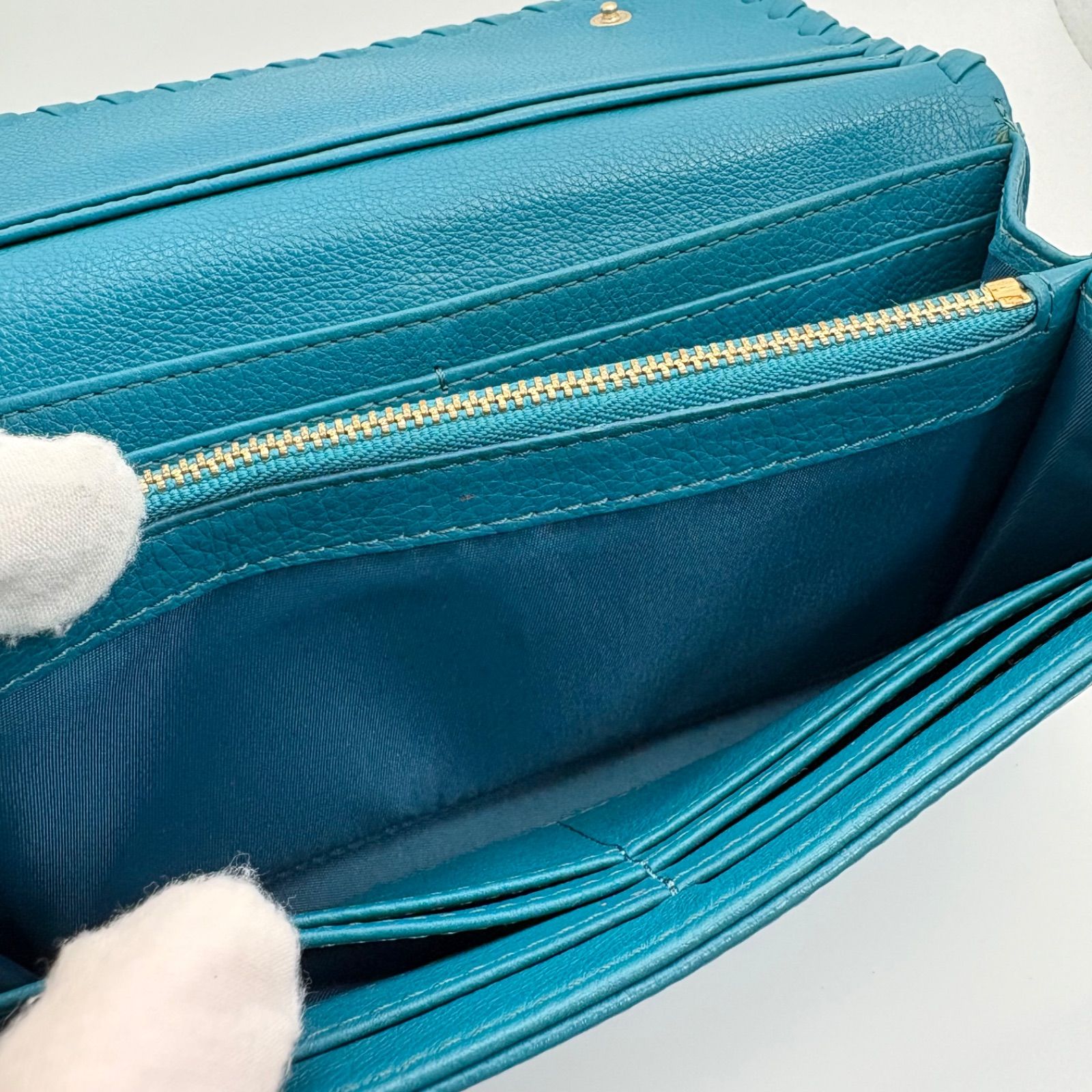 TORY BURCH トリーバーチ 長財布 ターコイズブルー系 レザー ロゴ 