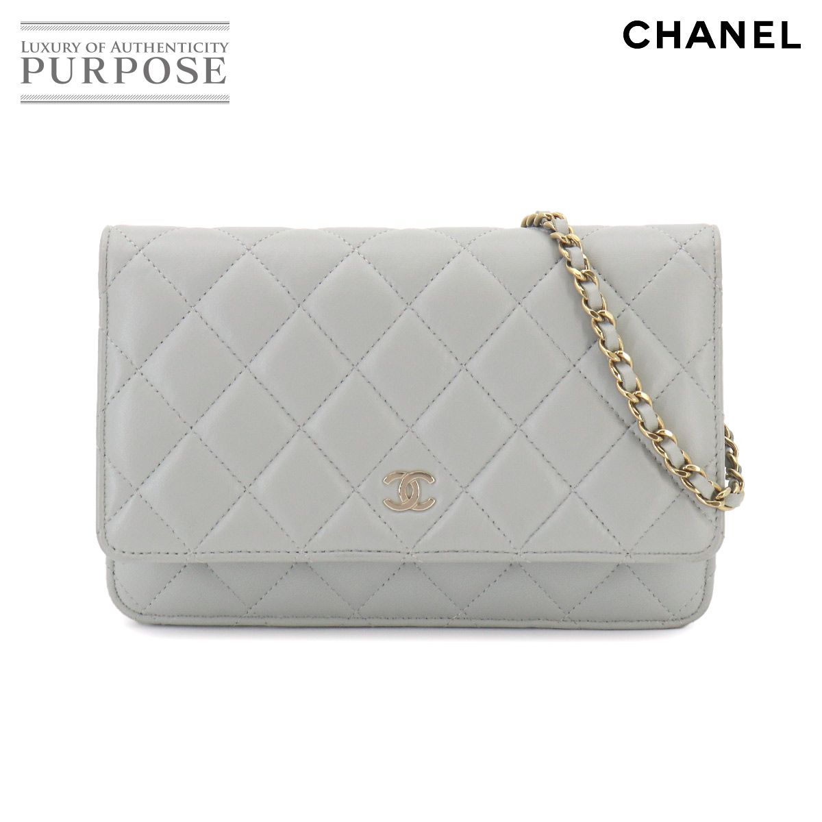 新品同様 シャネル CHANEL マトラッセ クラシック チェーン ウォレット 長財布 ラムスキン ライトグレー AP0250 ゴールド 金具 90323874
