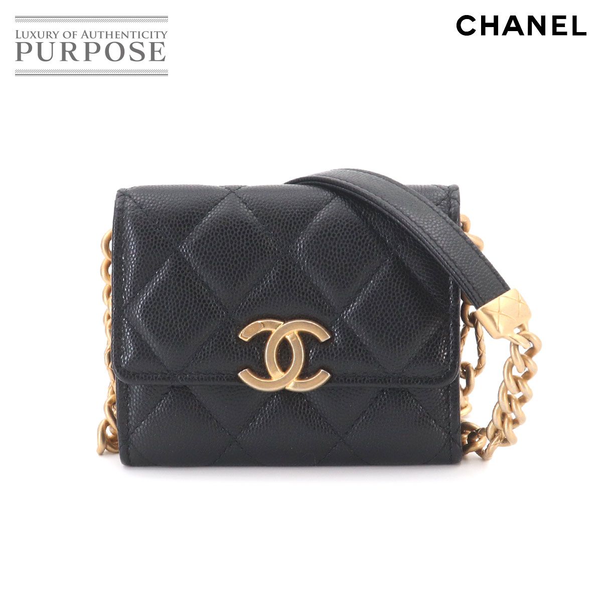 未使用 展示品 シャネル CHANEL マトラッセ ブレスレット オン チェーン ショルダー カードケース キャビアスキン ブラック 90324595