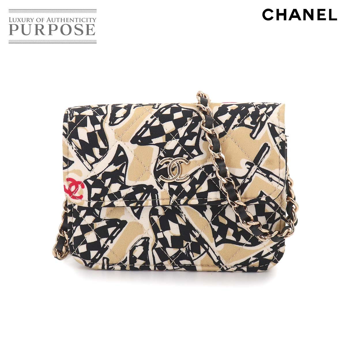 新品同様 シャネル CHANEL ミニミニ マトラッセ チェーン ショルダー バッグ キャンバス レザー ベージュ ブラック フラッグ 90324811
