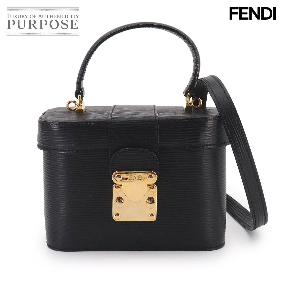 新品同様 フェンディ FENDI エピ バニティ 2way ハンド ショルダー バッグ レザー ブラック ゴールド 金具 ヴィンテージ 90325019