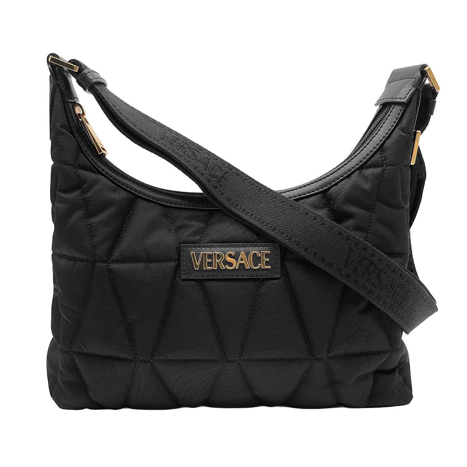 VERSACE ヴェルサーチ タグ ホーボー 2way ショルダーバッグ ロゴ キルティング ナイロン ブラック レディース 【中古】