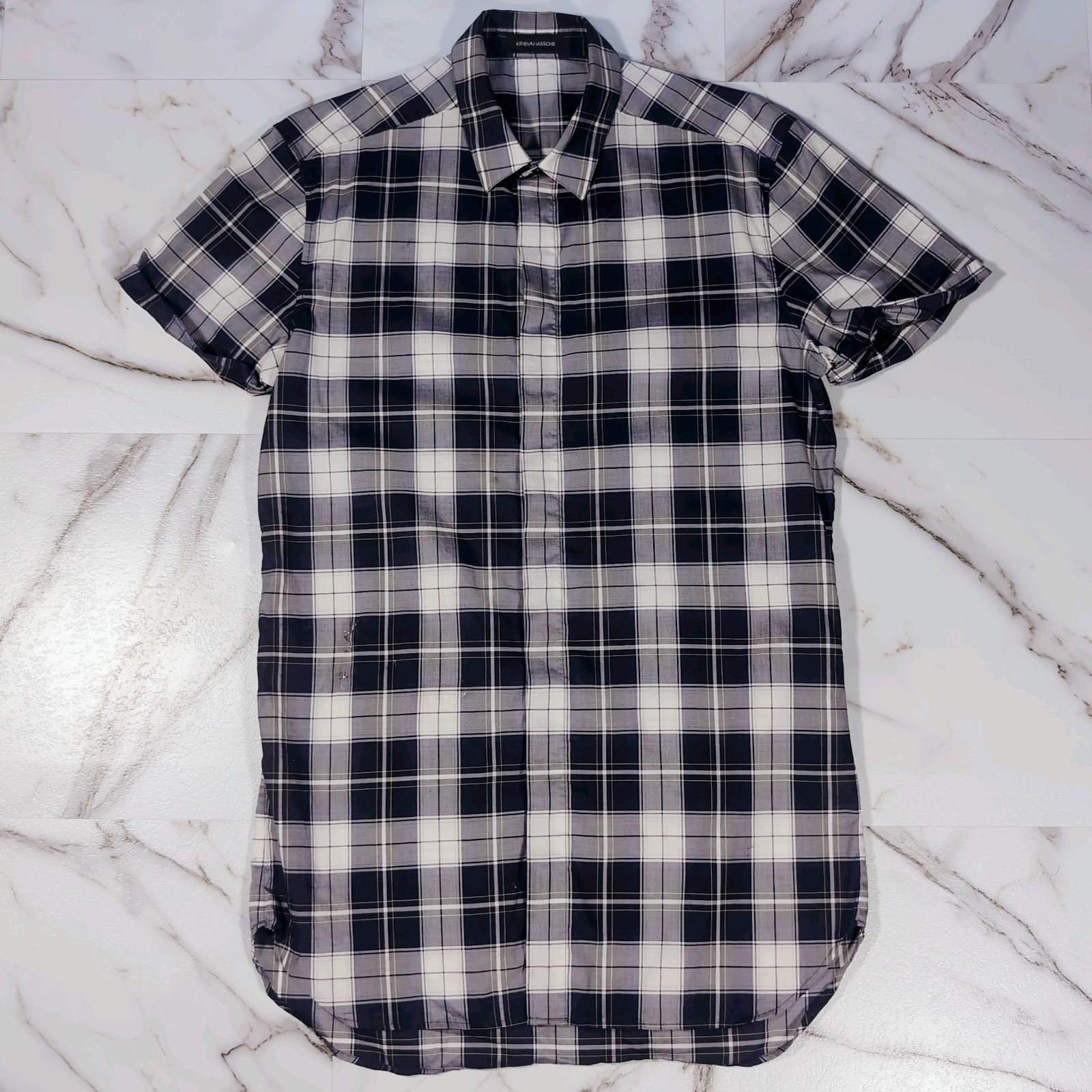 KRISVANASSCHE チェック ネイビー系 比翼仕立て S/S シャツ 46(M,)