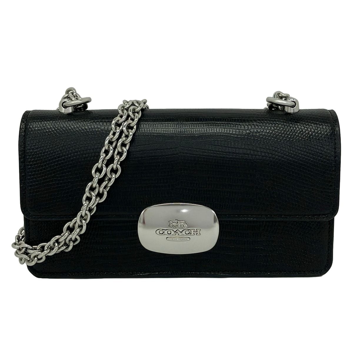 COACH(コーチ) ショルダーバッグ エライザ フラップ クロスボディ CR106 黒 型押し加工/チェーンショルダー レザー