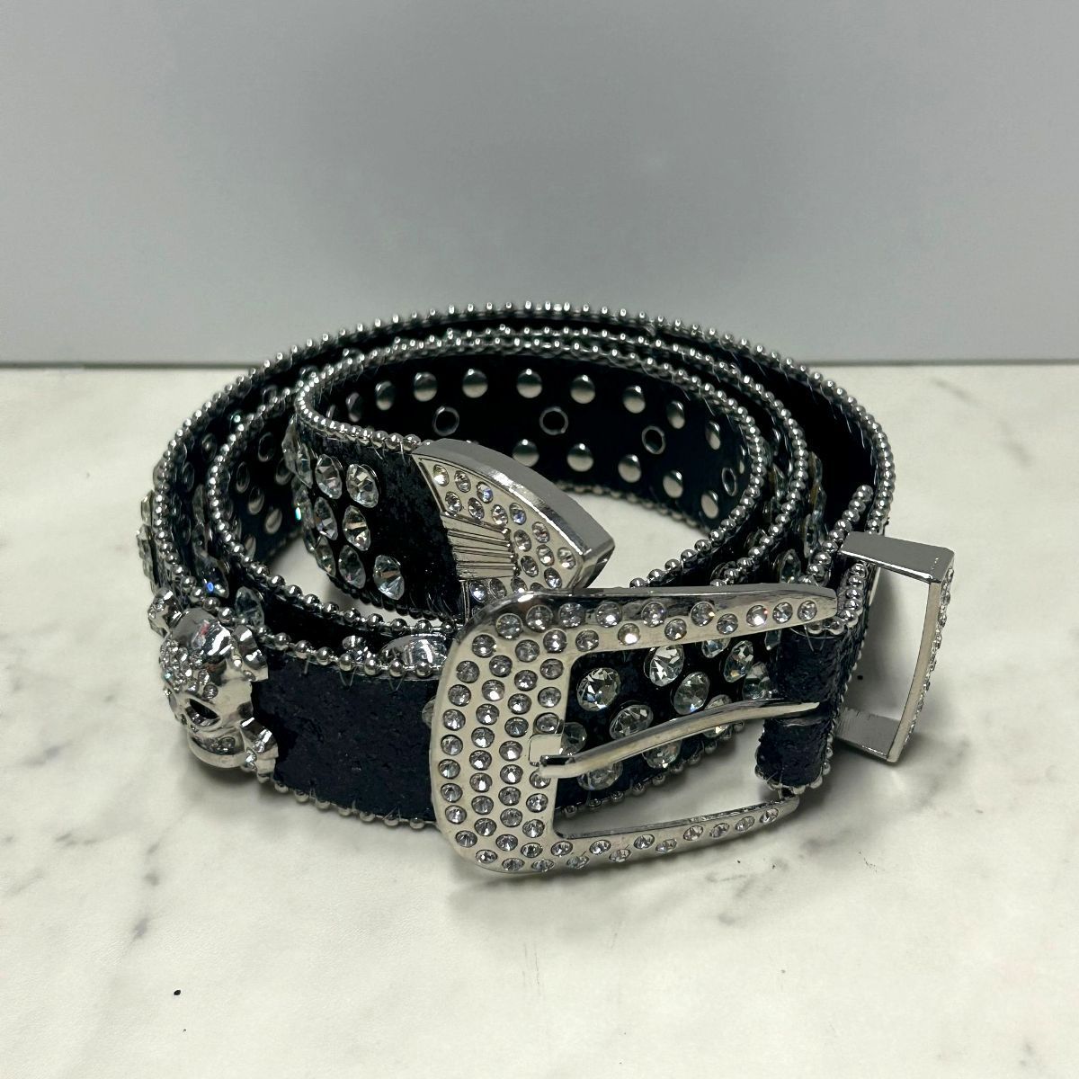 SKULL スカル リベット ラインストーン ブリンブリン ベルト Bling Bling Rhinestone Belt 黒 (BELT2)