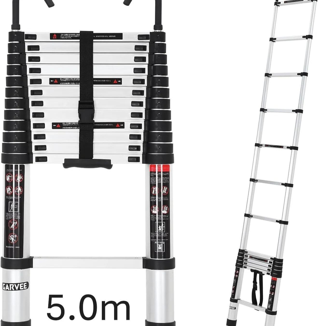 ガービー（Garvee） 伸縮はしご アルミ製 5m 耐荷重150kg 自動ロック 軽量 持ち運びやすい 折り畳み コンパクト 固定フック付き 収納簡単 多機能 室内外 シルバー