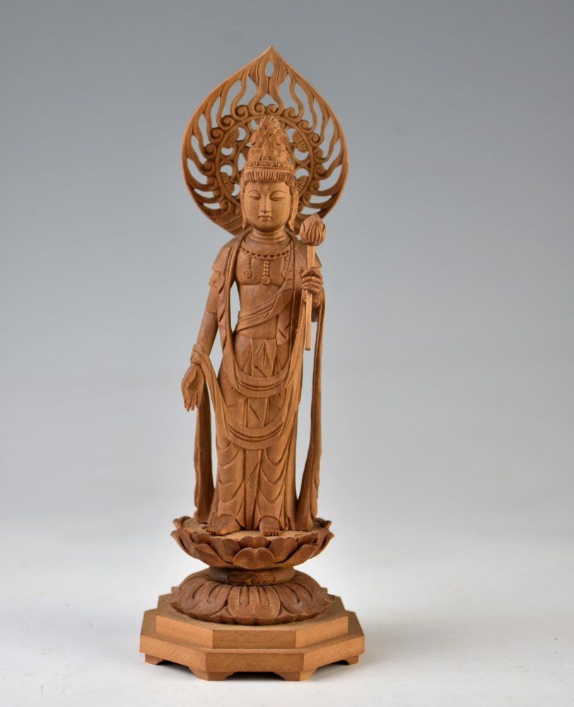 【蔵A6514c】美術品 白檀彫刻 聖観音菩薩像 名工:武藤英一 共箱