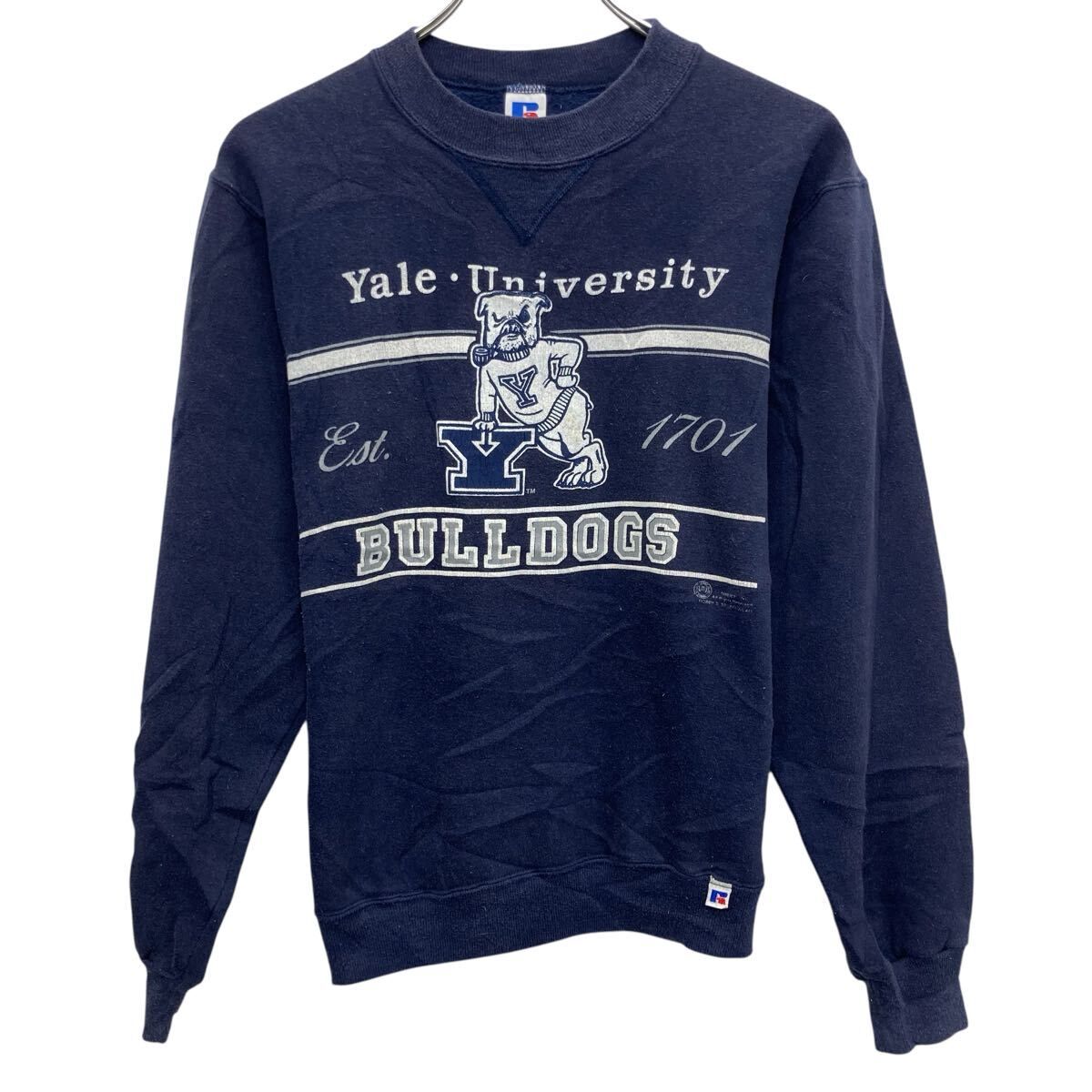 80s USA製 RUSSELL ATHLETIC プリントスウェット トレーナー S ネイビー ラッセルアスレティック イェール大学 前Vガゼット 秋物 a805-5365