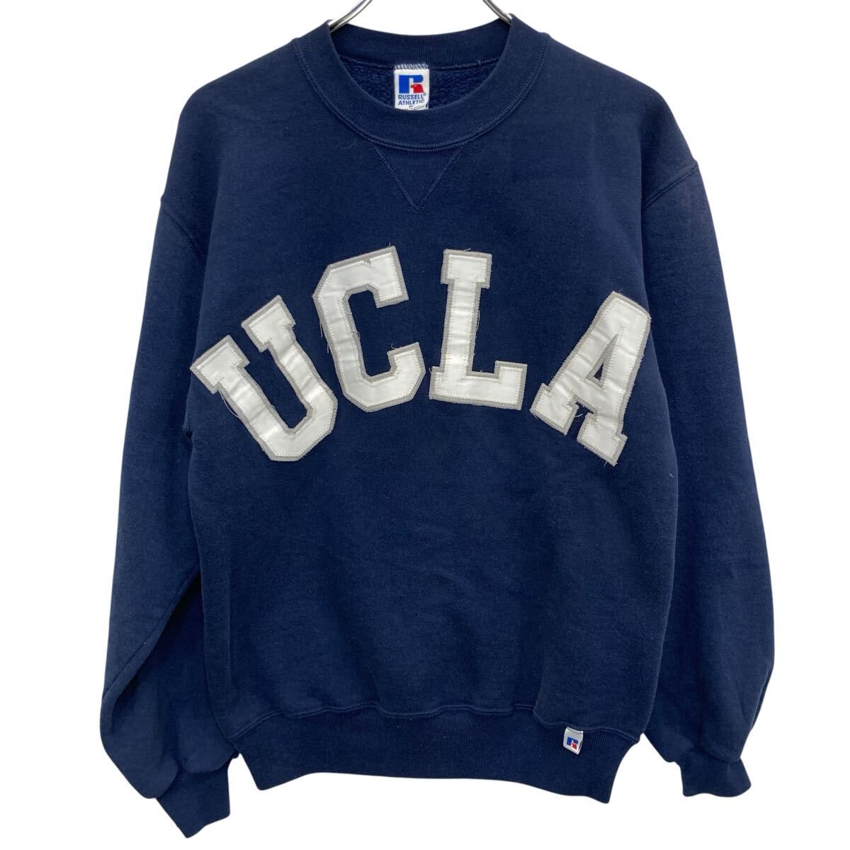 90s USA製 RUSSELL ATHLETIC ロゴスウェット トレーナー M ネイビー ラッセルアスレティック 前Vガゼット UCLA 秋物 a805-5402