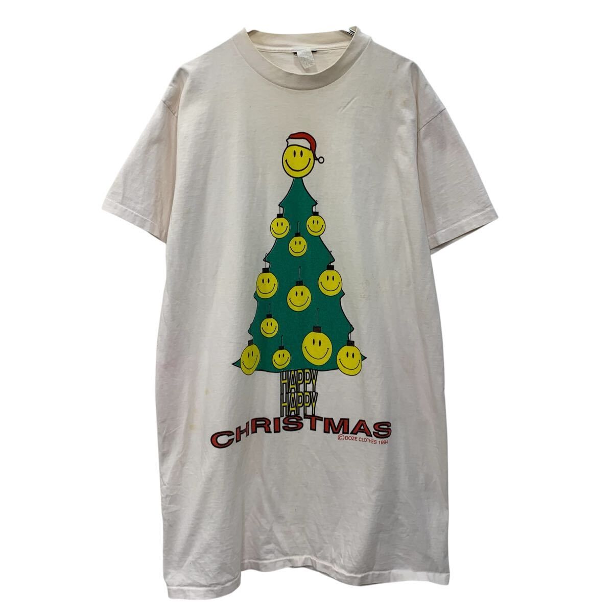 90s USA製 半袖 プリントTシャツ ONESIZE ホワイト プルオーバー 90年代 スマイル ビッグプリント ツリー シングルステッチ 夏物 a805-5414