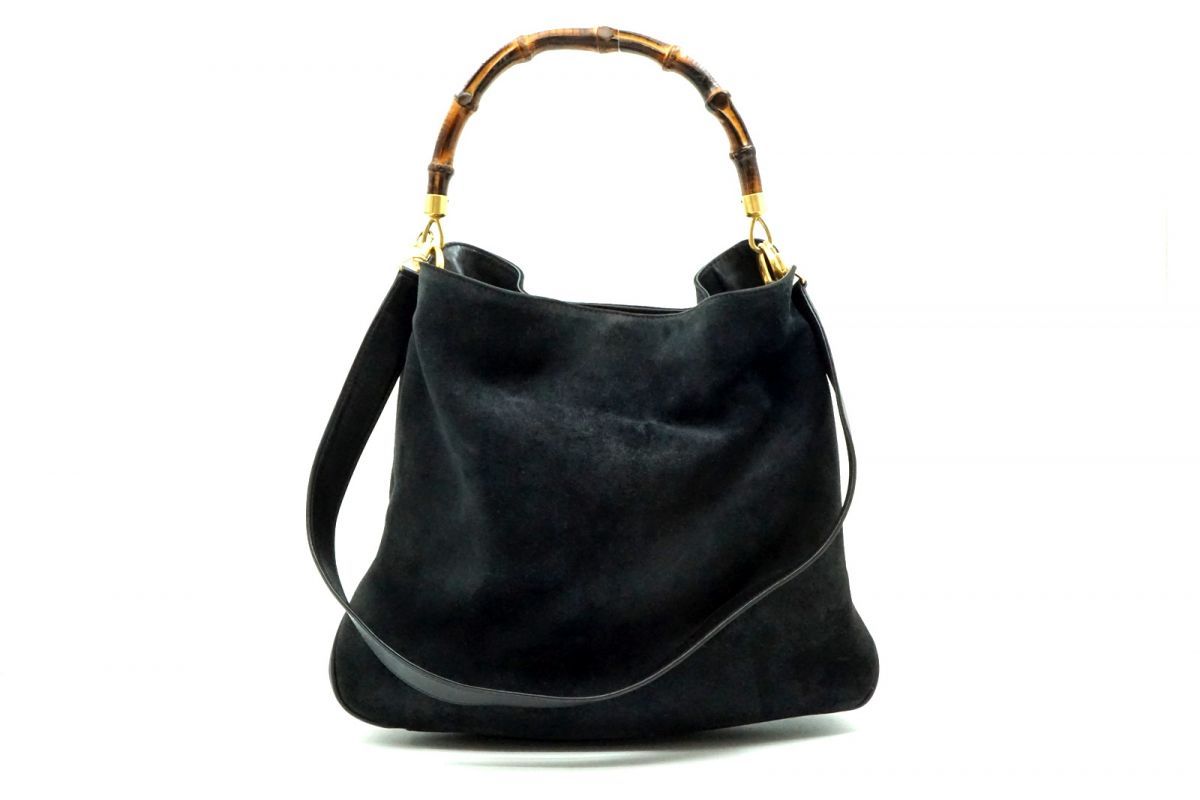 グッチ ヴィンテージ 2way ショルダー ハンドバッグ バンブーハンドル ゴールド金具 スエードレザー 黒 ブラック GUCCI 6649h
