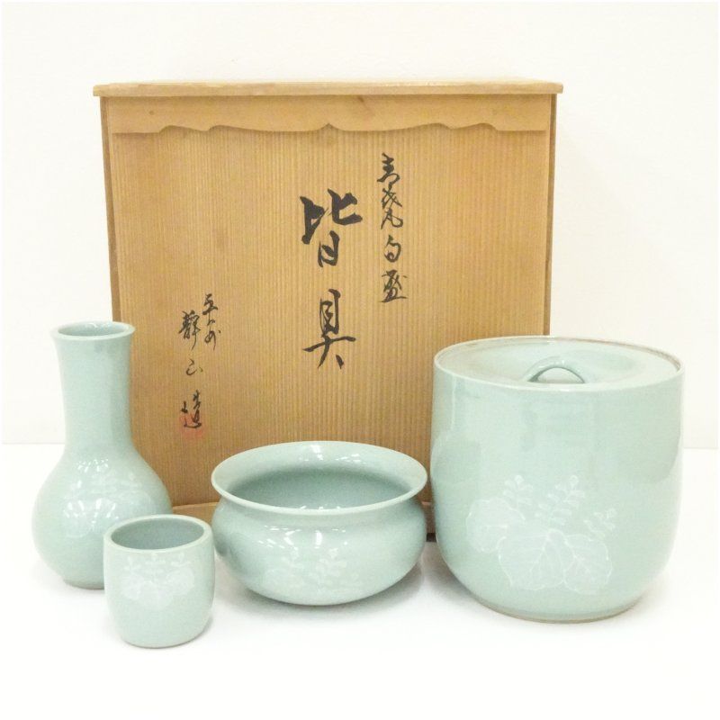 京焼　富田静山造　青磁白盛皆具（共箱） 茶道 茶道具 おしゃれ セット 一式 揃い 茶器 かいぐ 抹茶 お茶道具 茶の湯 骨董 お茶