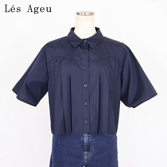 レ・アージュ Le's Ageu レディース 半袖ブラウス プリーツデザインショート丈ブラウス ネイビー系（サイズ/1）ku0102