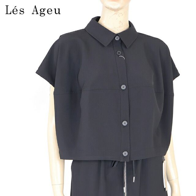 レ・アージュ Le's Ageu レディース 半袖ブラウス ドロップショルダーシュート丈ブラウス ブラック系（サイズ/1）ku0117