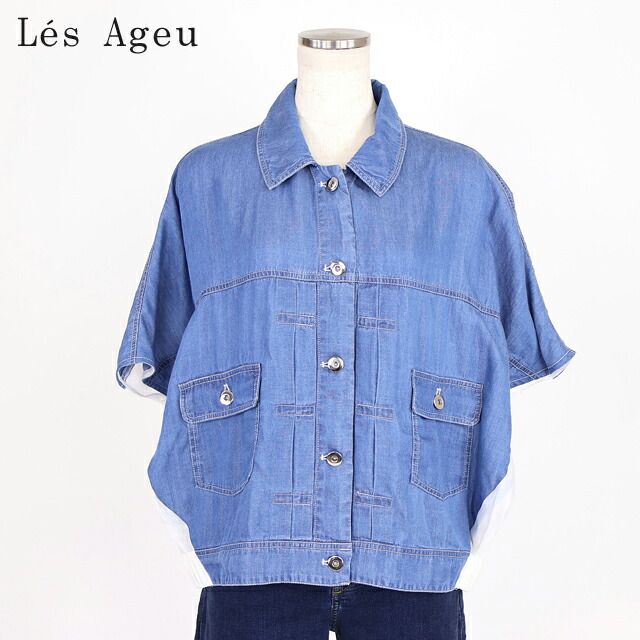 レ・アージュ Le's Ageu レディース 半袖シャツ 前後で生地の切替ドロップショルダーシャツ ブルー系（サイズ/1）ku0129