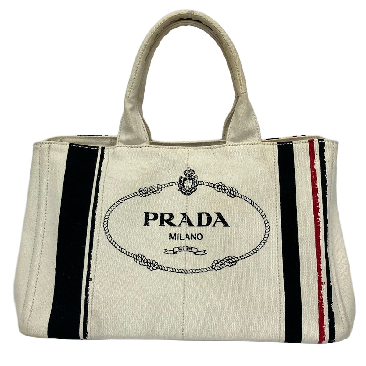 PRADA(プラダ) トートバッグ CANAPA アイボリー×黒×レッド ストライプ