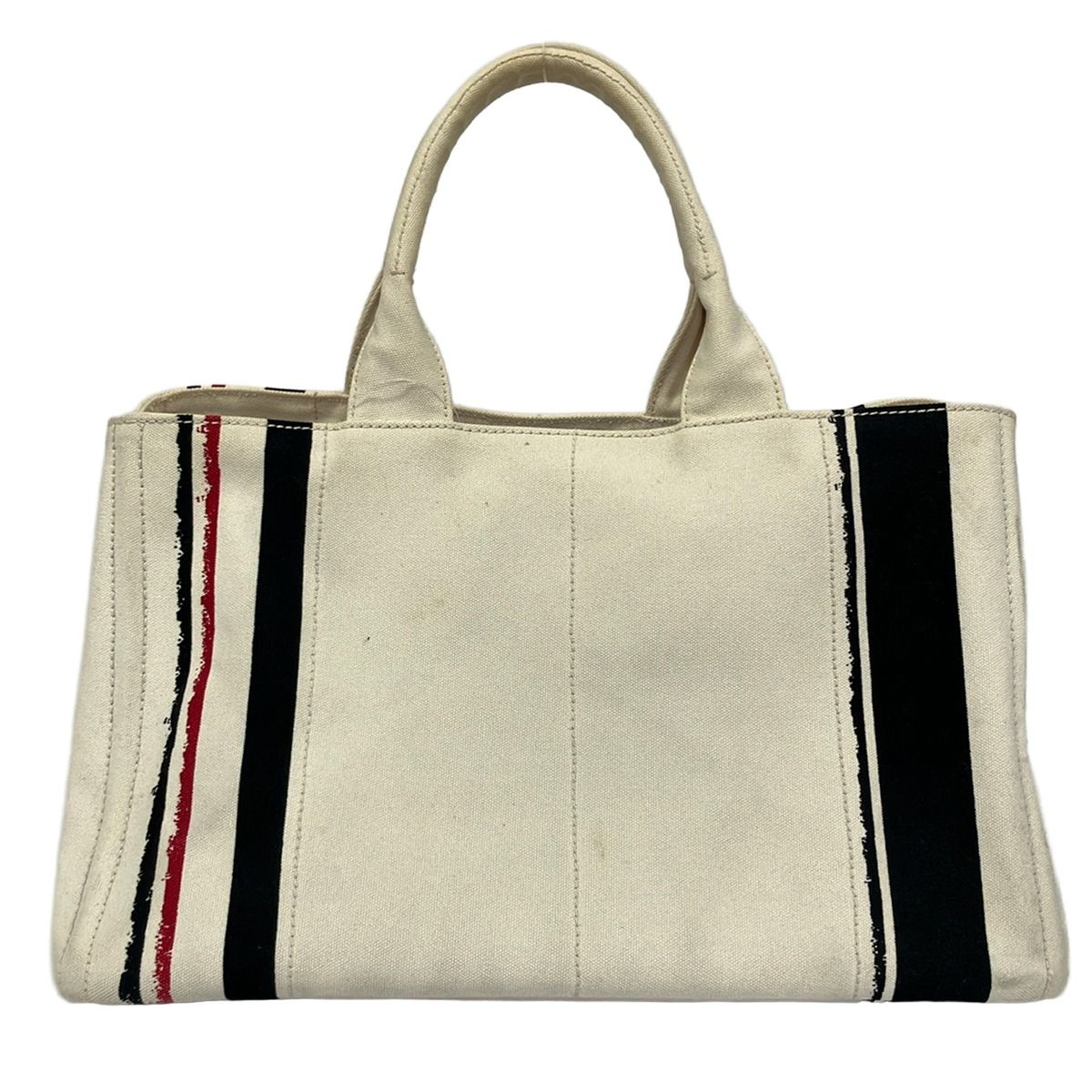 PRADA(プラダ) トートバッグ CANAPA アイボリー×黒×レッド ストライプ 