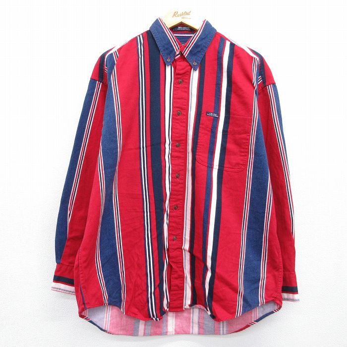 XL/古着 ラルフローレン チャップス 長袖 ブランド シャツ メンズ 90年代 90s コットン ボタンダウン 赤他 ストライプ 26may07