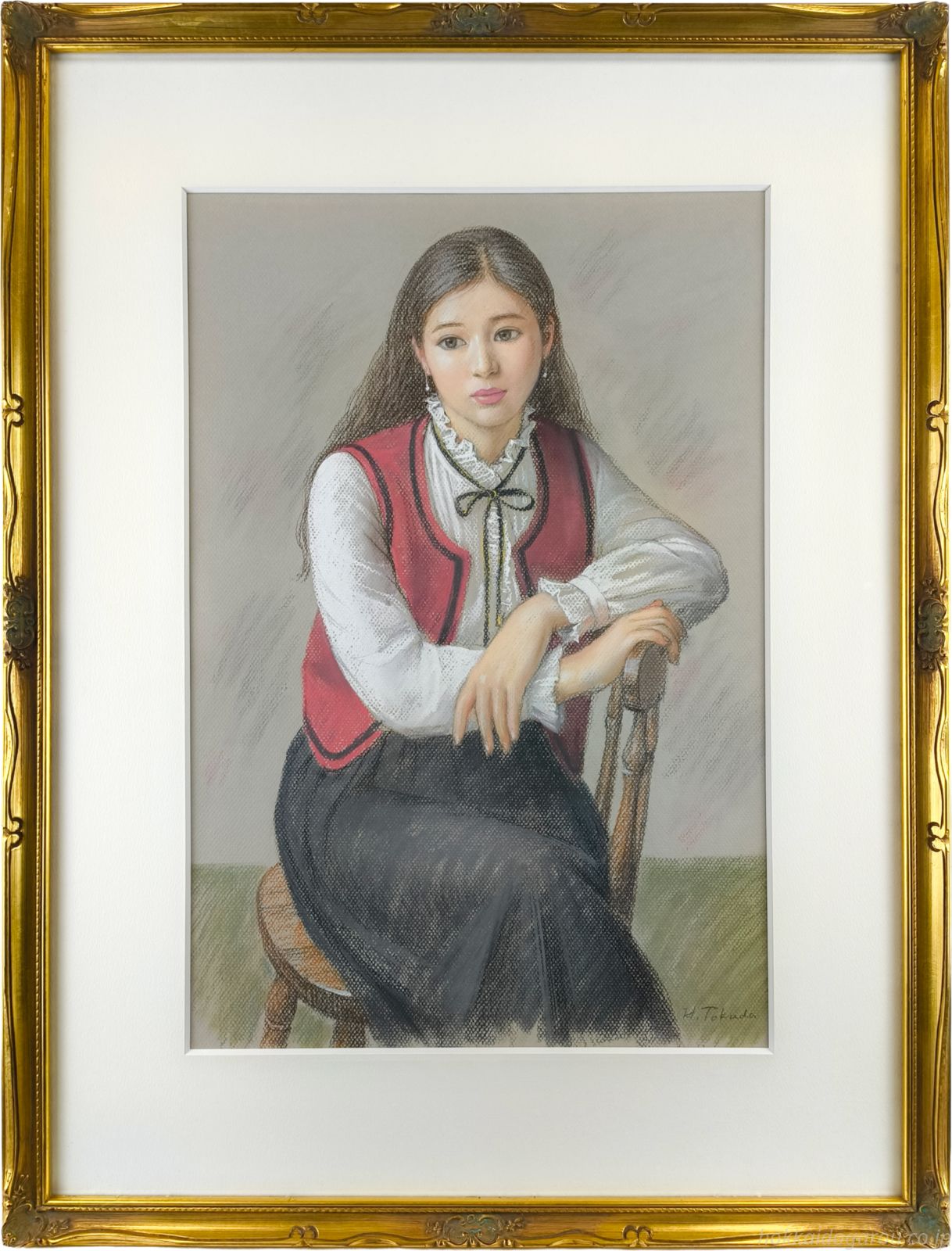 徳田宏行 「赤いベスト」 パステル画 絵画
