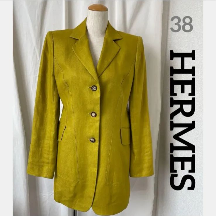 HERMES エルメス リネン ポケット裏レザー ジャケット 38 ヘリボーン ピスタチオグリーン ライトグリーン グリーン 緑系