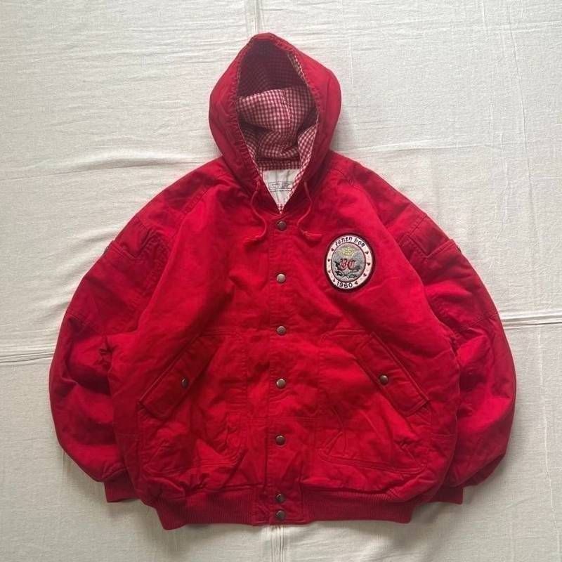 80～90s　vintage　ヴィンテージ古着　フード付　肉厚　パーカー型　スナップボタン　短丈　中綿フライトジャケット　ボンバージャケット　♡×☆ロゴワッペン　ギンガムチェック柄裏地　レッド　M　parka silhouette flight
2000
 jacket
