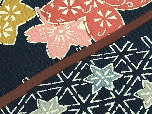 平和屋本店●極上　浦野理一　型染　九寸名古屋帯　舞花文　鬼しぼ縮緬　濃い紺色地　逸品　DZAB6610kh6