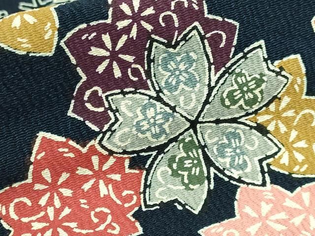 平和屋本店●極上　浦野理一　型染　九寸名古屋帯　舞花文　鬼しぼ縮緬　濃い紺色地　逸品　DZAB6610kh6