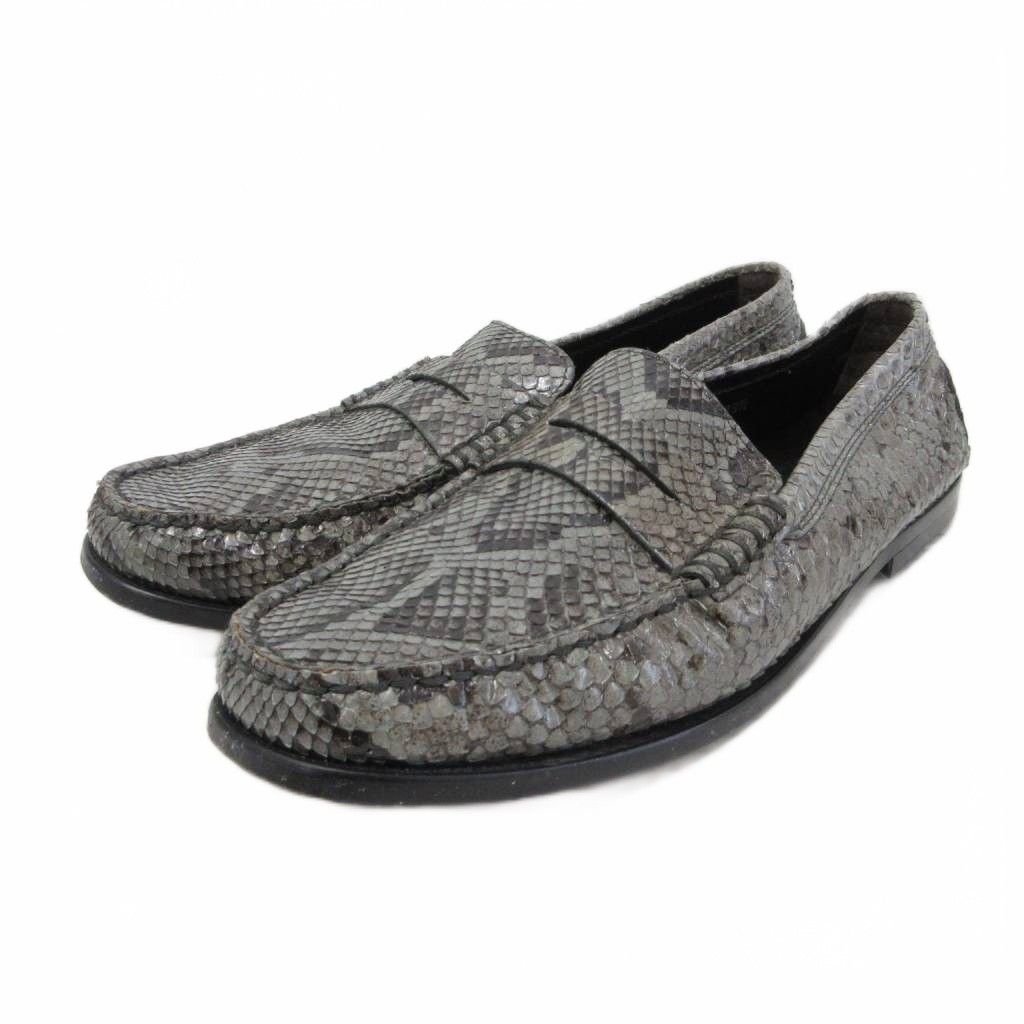 トッズ TOD'S ローファー モカシン パイソン型押し グレー 39 1/2 ■IBO96