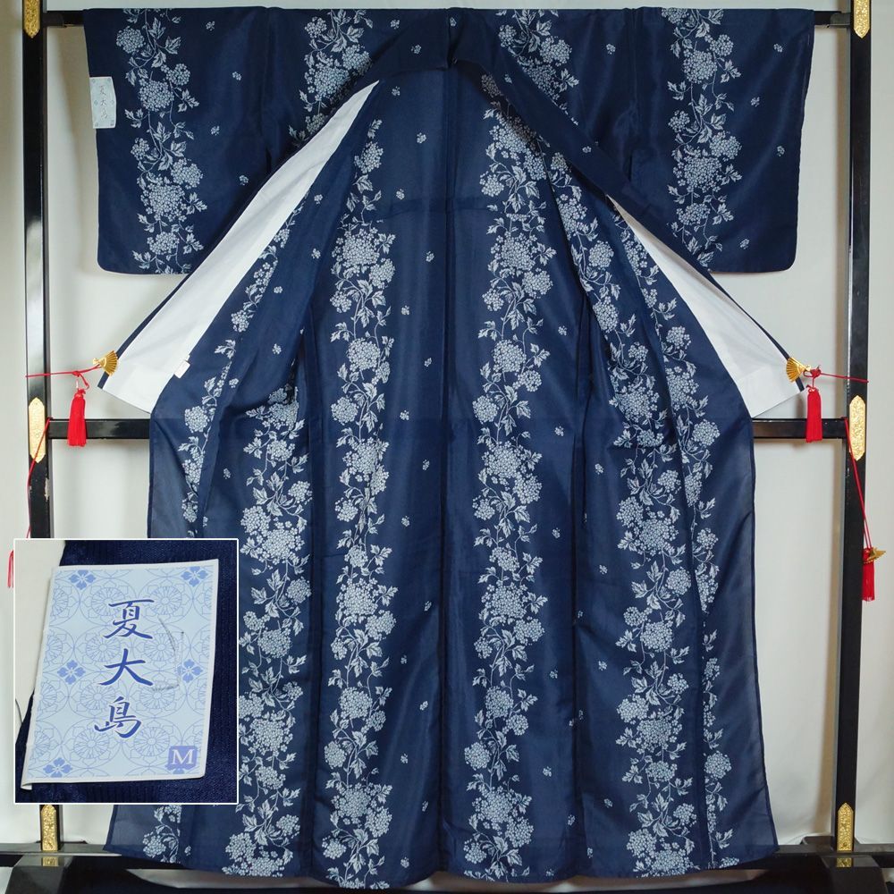 夏着物 絽 小紋 縦絽 未使用品 踊り着物 化繊 洗える着物 枝花模様 夏