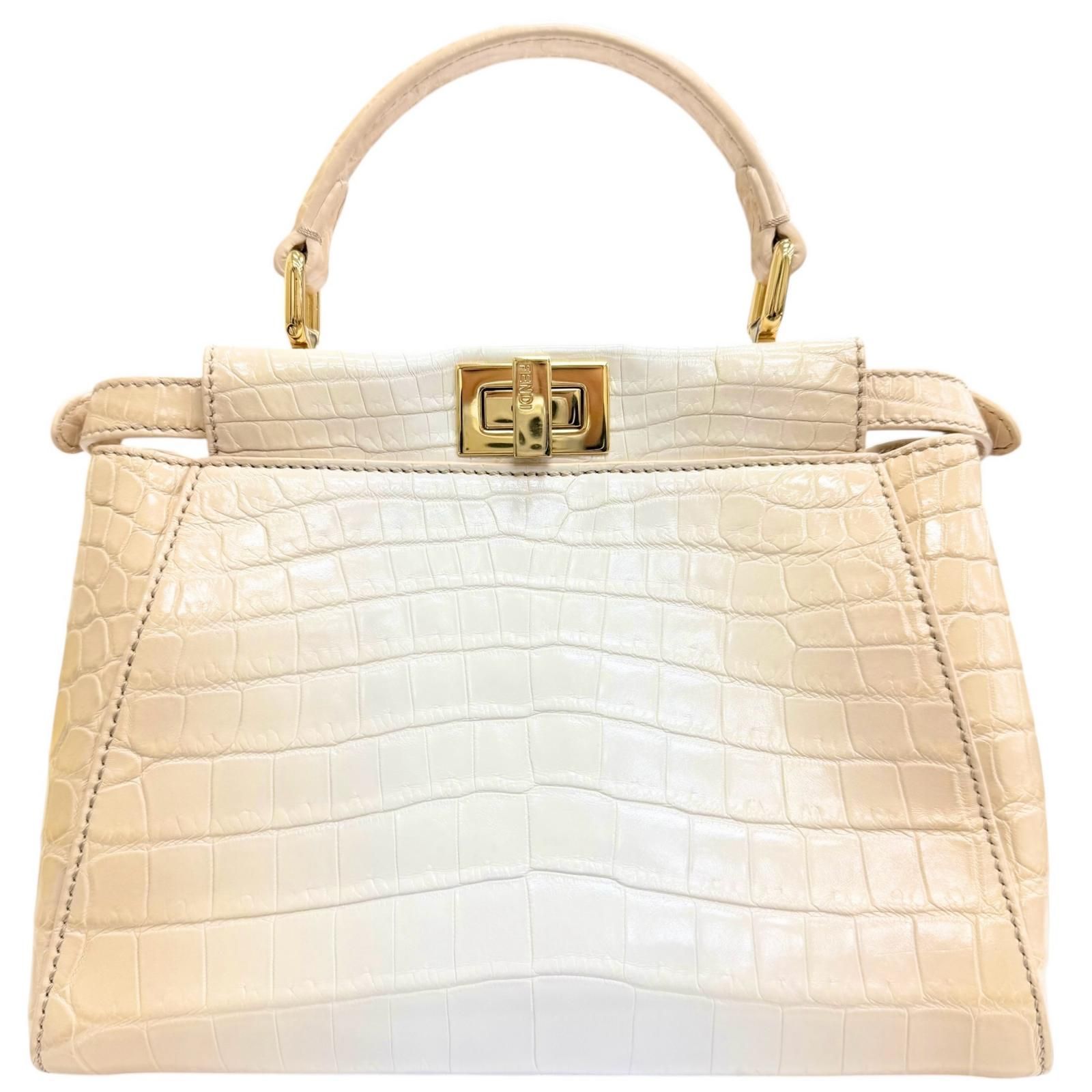 極美品△FENDI フェンディ 8BN244 ピーカブー アイコニック ミニ クロコダイルレザー 2WAY ハンドバッグ ショルダーバッグ ベージュ ホワイト イタリア製 レディース 箱・保存袋付き