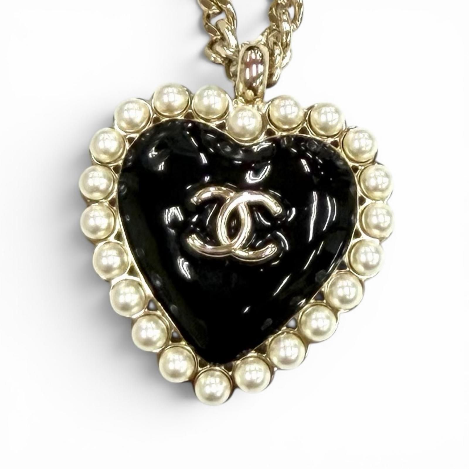 極美品★CHANEL シャネル B25 ココマーク パール ハート ペンダント ネックレス ブラック ホワイト ゴールド金具 イタリア製 レディース 箱・保存袋付き