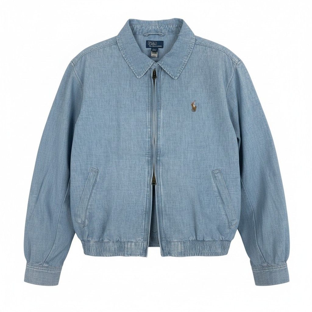 84c29【美品】 Polo by Ralph Lauren ポロバイラルフローレン デニムシャンブレー ブルゾン 近年 ダブルジップ ロゴ刺繡 L/G ライトブルー コットン100％ メンズ 紳士服u02t