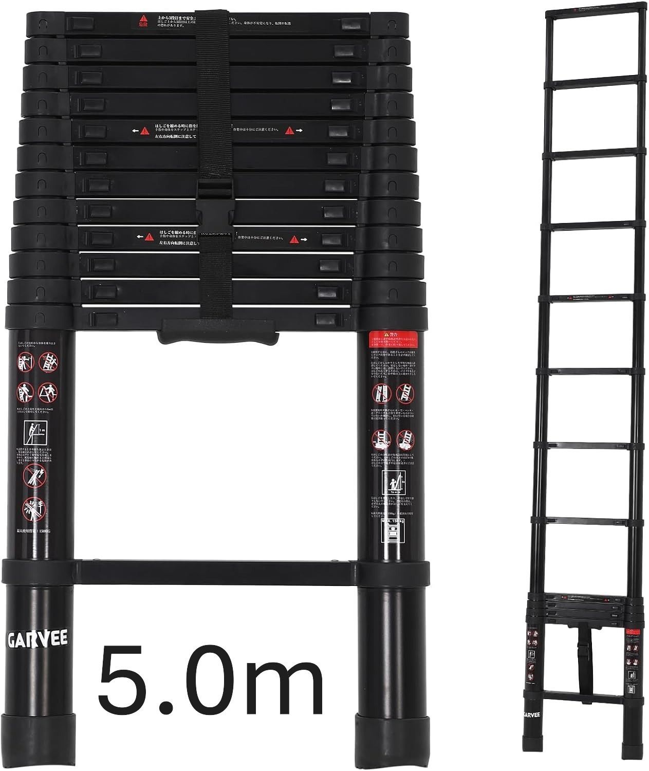 ガービー（Garvee） 伸縮はしご アルミ製 5m 耐荷重150kg 自動ロック 軽量 持ち運びやすい 折り畳み コンパクト 収納簡単 多機能 室内外 ブラック