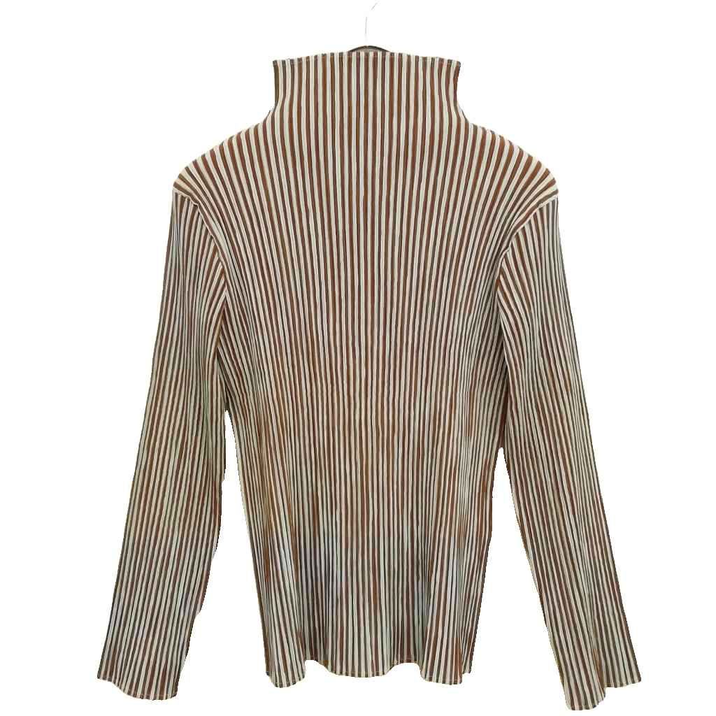 イッセイミヤケ ISSEY MIYAKE IM84-FJ607 プリーツ ストライプ ハイネック カットソー プルオーバー 美品 M ミント ブラウン