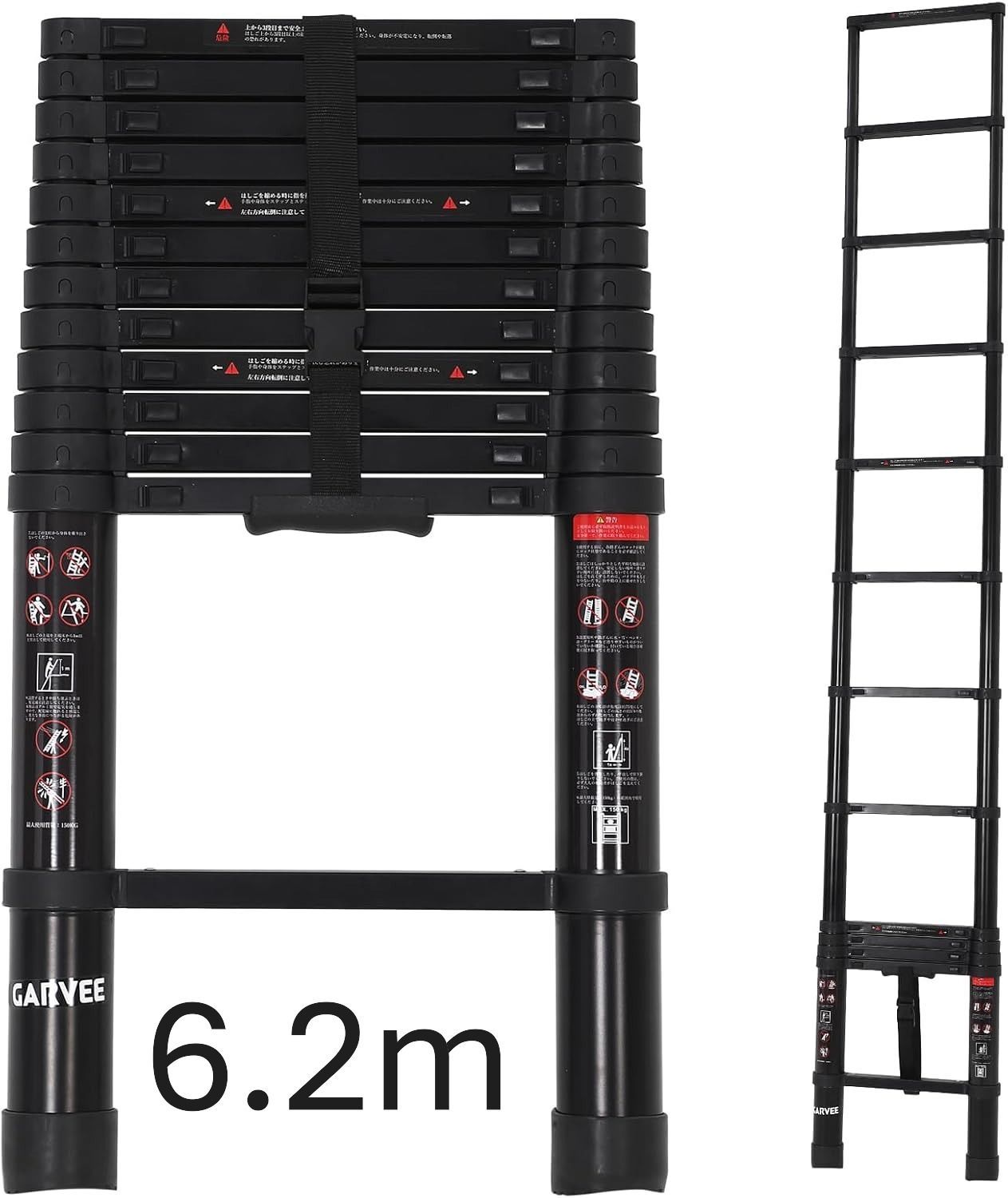 ガービー（Garvee） 伸縮はしご アルミ製 6.2m 耐荷重150kg 自動ロック 軽量 持ち運びやすい 折り畳み コンパクト 収納簡単 多機能 室内外 ブラック