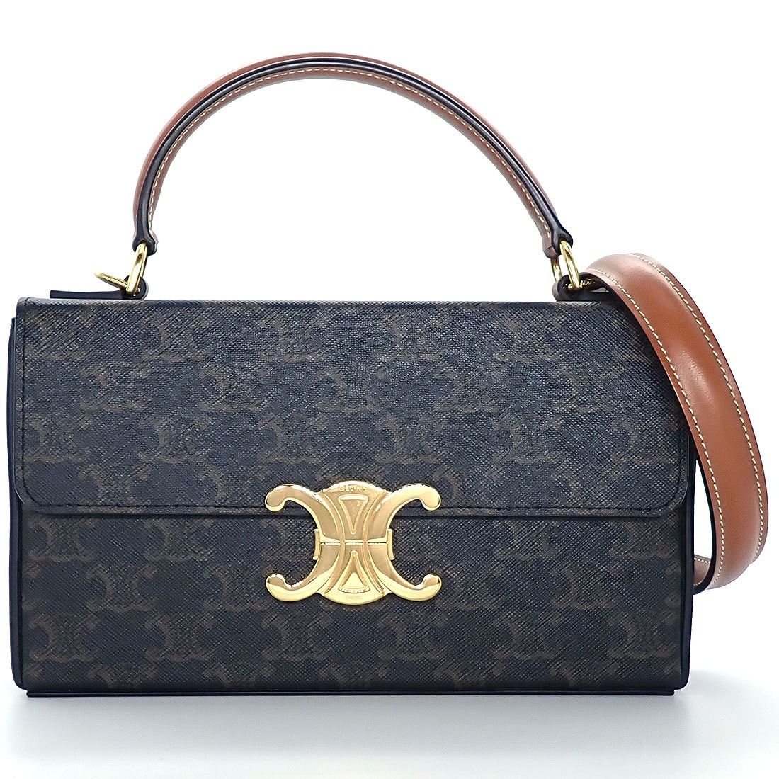 セリーヌ CELINE ハンドバッグ ショルダーバッグ ボックス 199992cuz タン トリオンフキャンバス カーフスキン ゴールド金具 【中古】