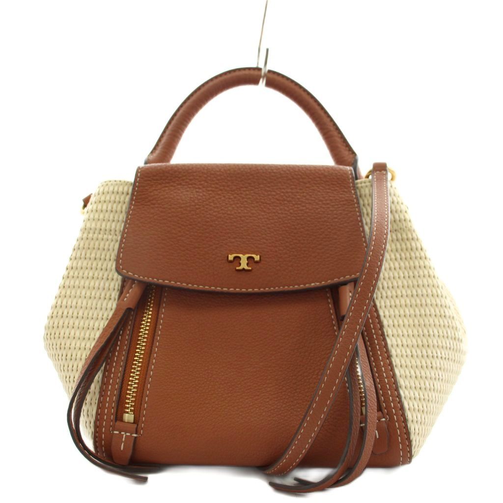 トリーバーチ TORY BURCH ハーフ ムーン ストロー Half Moon Straw Crossbody Bag ショルダーバッグ ハンドバッグ 2way レザー ベージュ 茶 ブラウン /AN53