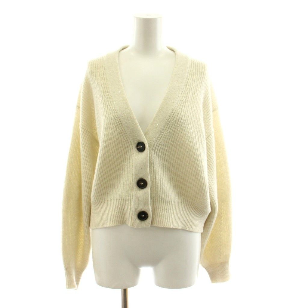 ブルネロクチネリ BRUNELLO CUCINELLI ニットカーディガン 長袖 Vネック カシミヤ ウール混 スパンコール装飾 ラメ糸 XS 白 ホワイト 17D LAK1922017 /KU