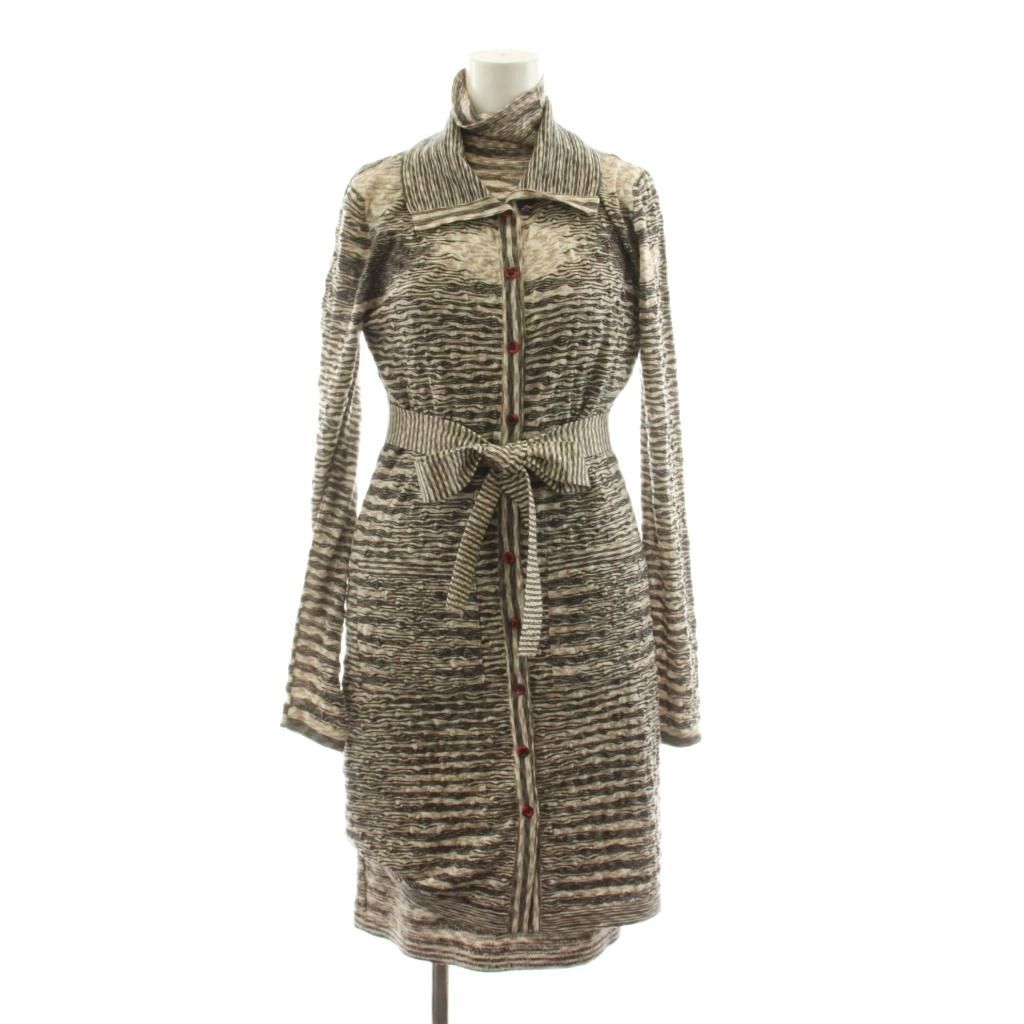 ミッソーニ MISSONI 3点セット セットアップ アンサンブルニットカーディガン ニット 長袖 タイトスカート ひざ丈 総柄 ウール ベルト付き 40 40 38 ベージュ /KU