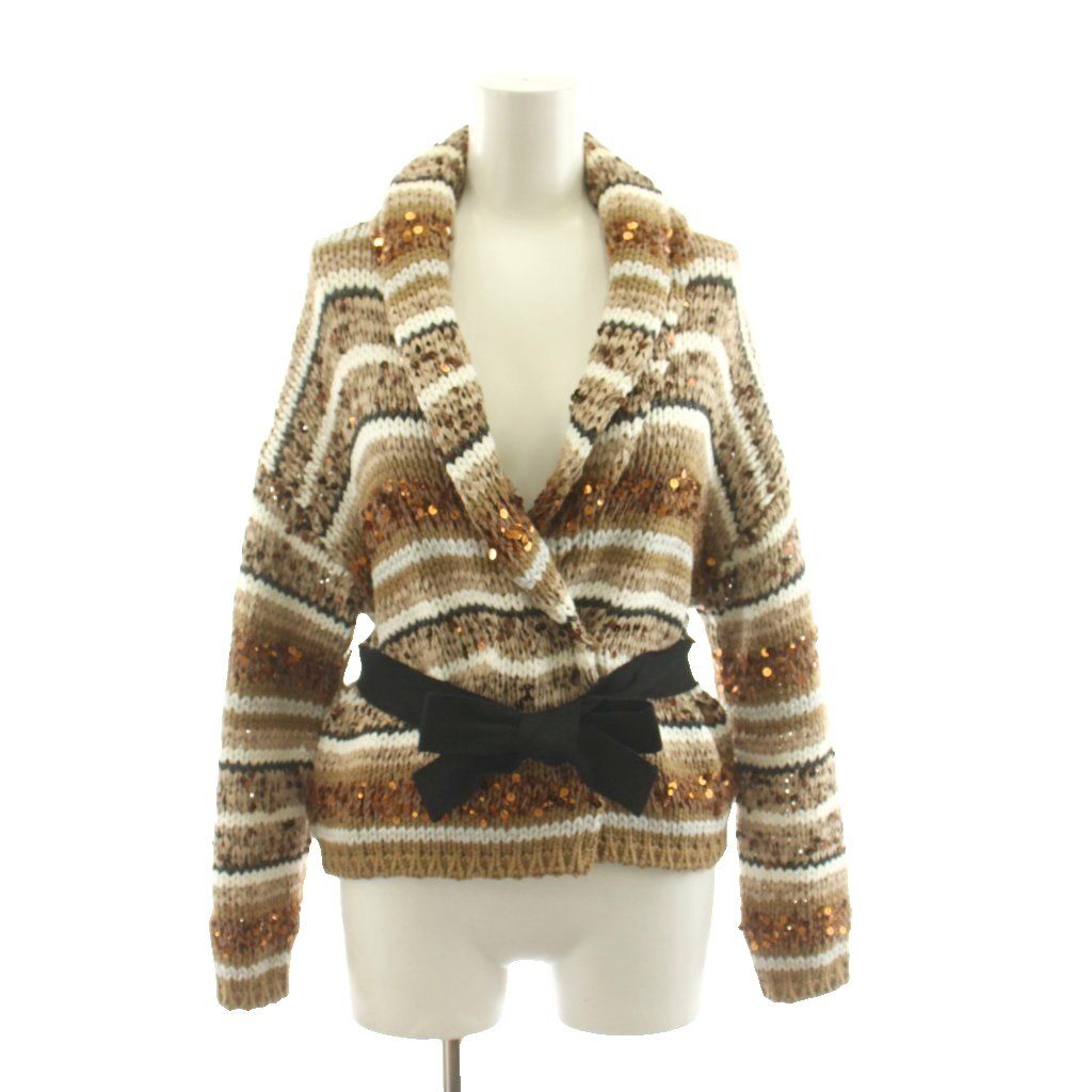 ブルネロクチネリ BRUNELLO CUCINELLI ニットカーディガン ショールカラー 長袖 ダブル ボーダー柄 スパンコール装飾 XXS 茶 ブラウン 白 ホワイト 黒 ブラック 191D9MPC001 /KU