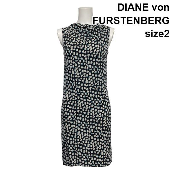 □ ダイアンフォンファステンバーグ DIANE von FURSTENBERG ノースリーブワンピース ドレス ミモレ丈 総柄 絹混 2 S 7号 レディース S6E574