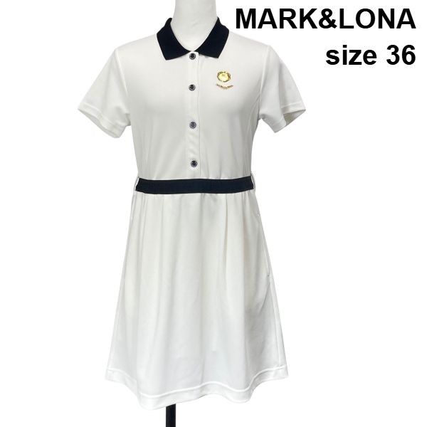 ◇ マークアンドロナ MARK&LONA ゴルフウェア ポロワンピース 半袖 ひざ丈 ゴールドロゴエンブレム 白 黒 36 S 7号 レディース S6E586