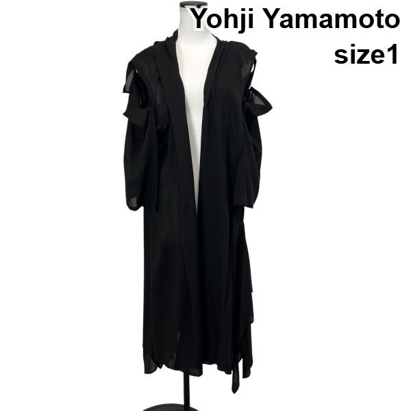 ◇ ヨウジヤマモト Yohji Yamamoto フードコート アウター 長袖 ロング丈 オープンショルダー シアー スリット 1 M 9号 レディース S6E583