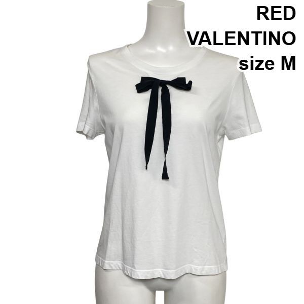 □ レッドヴァレンティノ RED VALENTINO 半袖カットソー Tシャツ 襟元リボン ラウンドネック 白 ホワイト 綿100% M 9号 レディース S6E540