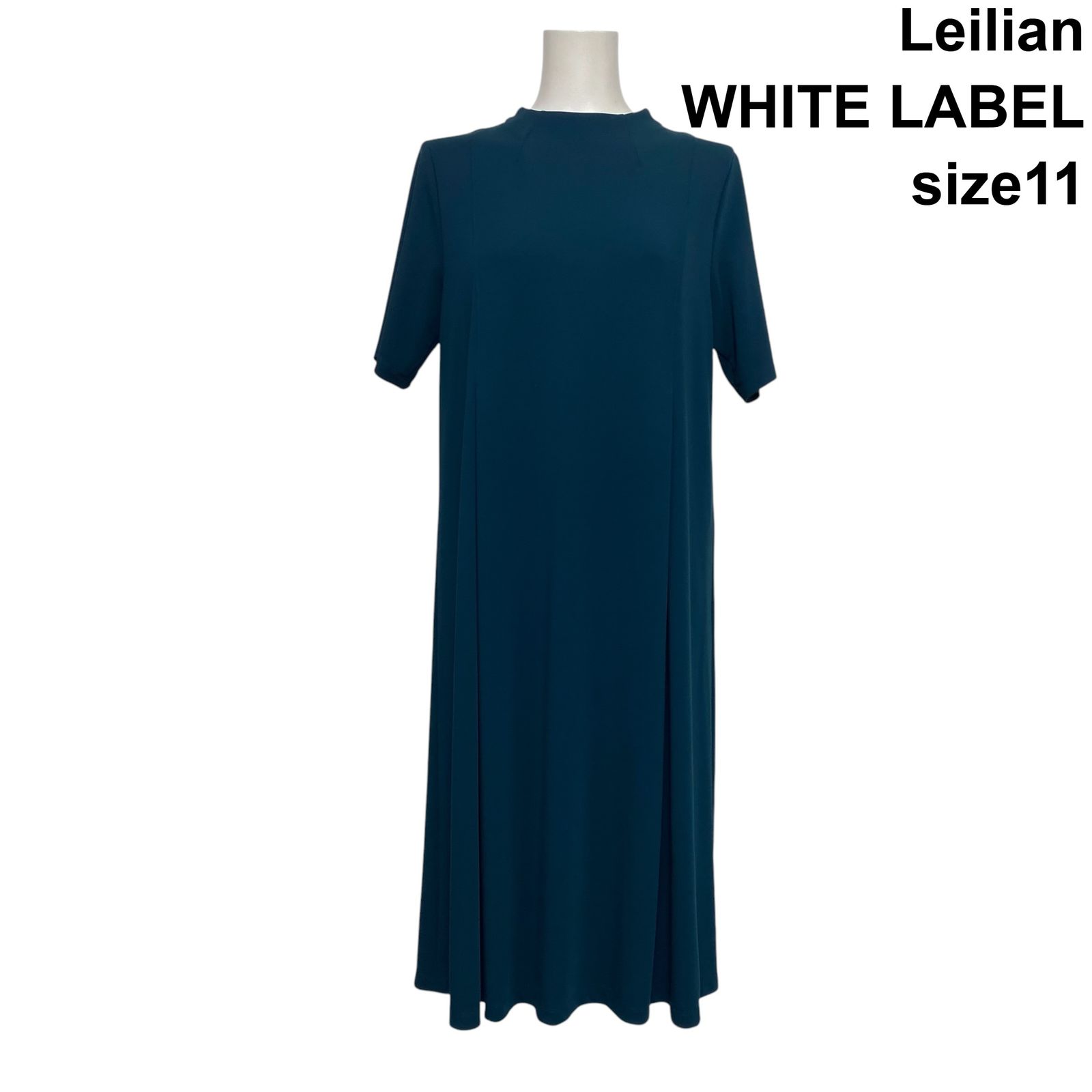 □ レリアンホワイトレーベル Leilian サックワンピース ミモレ丈 半袖 Iライン ボトルネック グリーン系 11 L 11号 レディース S6E572