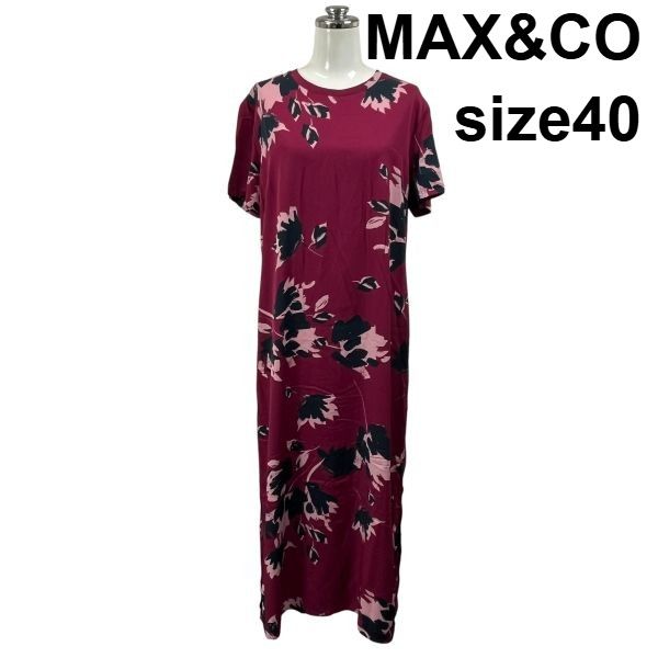 ◇ マックスアンドコー MAX&CO ワンピース 半袖 クルーネック マキシ丈 Iライン 大柄フラワー柄 ワインレッド 40 M 9号 レディース S6E544