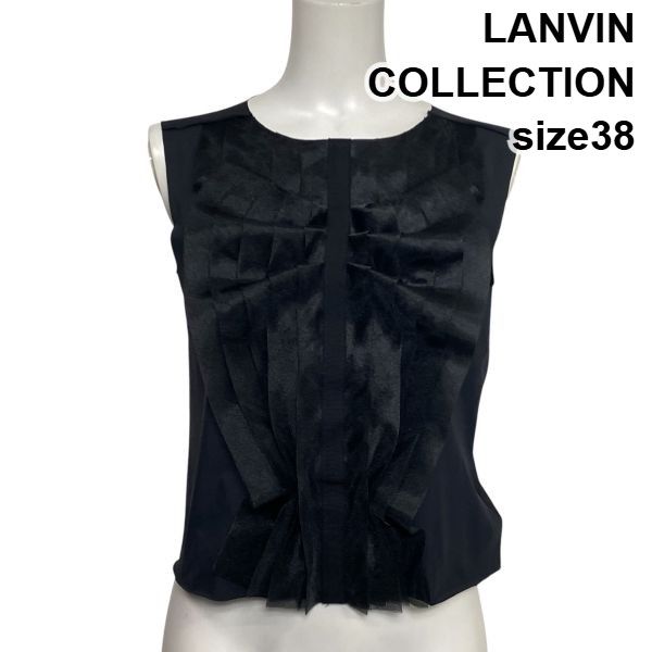 □ ランバンコレクション LANVIN ノースリーブブラウス シャツ 立体フリル ラウンドネック カットオフ 黒 38 M 9号 レディース S6E542