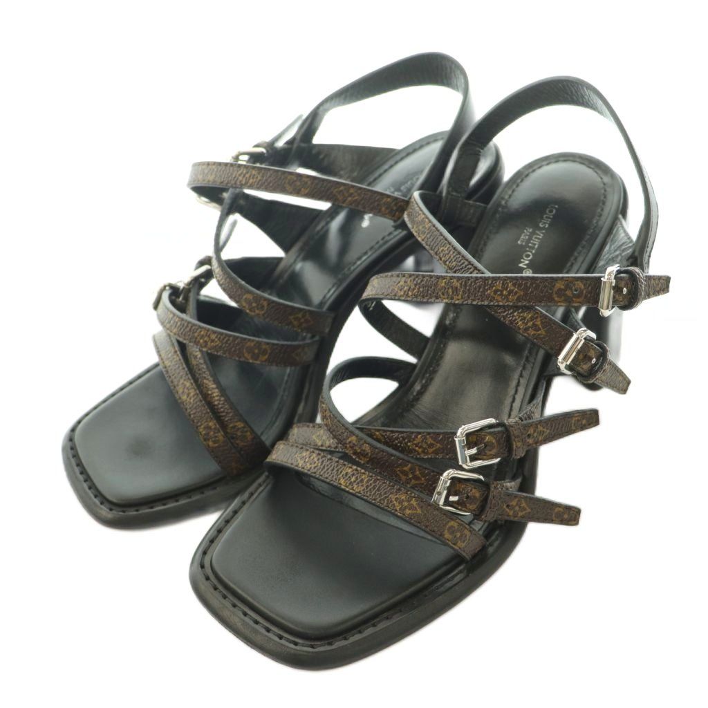 ルイヴィトン LOUIS VUITTON Berlin Sandal ベルリンサンダル モノグラム キャンバス ストラップ スクエアトゥ チャンキーヒール ロゴ 37 茶 ブラウン 黒 ブラック 1ADBQ9 /BB